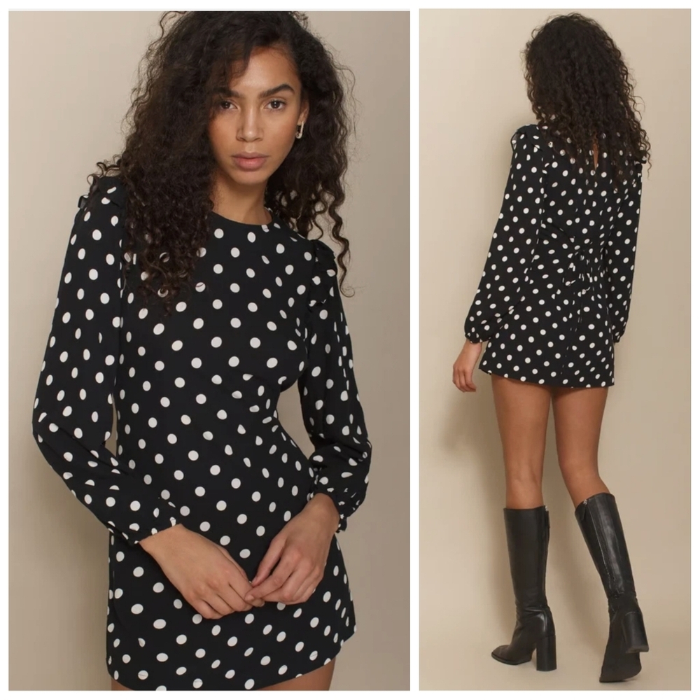 Reformation Black and White Polka Dot Long Sleeve Mini Dress